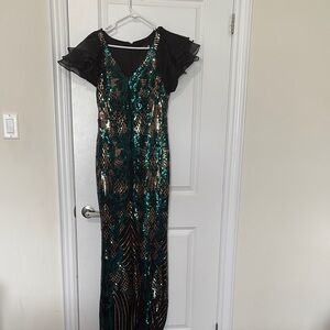 Emerald and Gold Sequin Gown with Black Ruffle Sleeves
